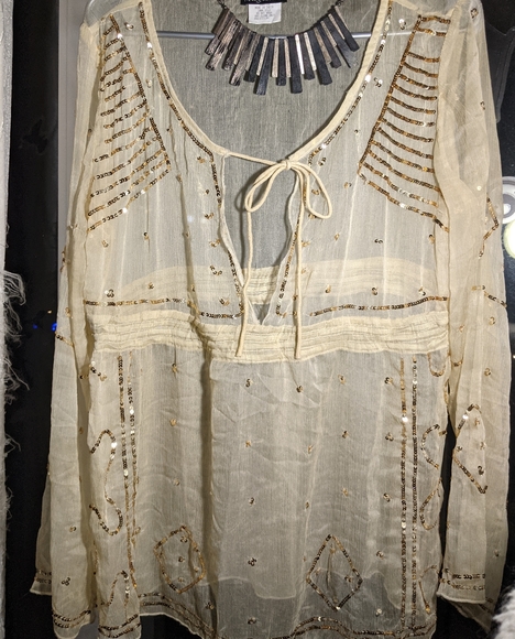 Boho Sheer gold silk embellished long sleeve top - Picture 9 of 10